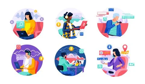 Voice assistant. Smart speaker virtual assistant, sound robot, people using Ilustración de archivo
