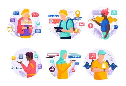 Voice assistant. Smart speaker virtual assistant, sound robot, people using Stock Illustration