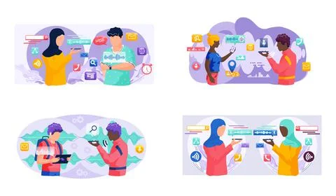 Voice assistant. Smart speaker virtual assistant, sound robot, people using Ilustración de archivo