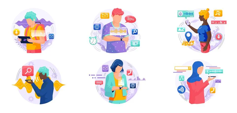 Voice assistant. Smart speaker virtual assistant, sound robot, people using Stock Illustration