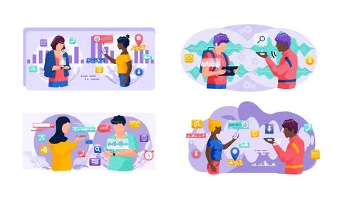 Voice assistant. Smart speaker virtual assistant, sound robot, people using Ilustración de archivo