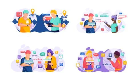 Voice assistant. Smart speaker virtual assistant, sound robot, people using Stock Illustration