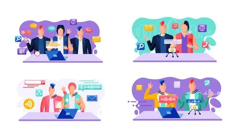 Voice assistant. Smart speaker virtual assistant, sound robot, people using Stock Illustration