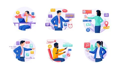 Voice assistant. Smart speaker virtual assistant, sound robot, people using Stock Illustration