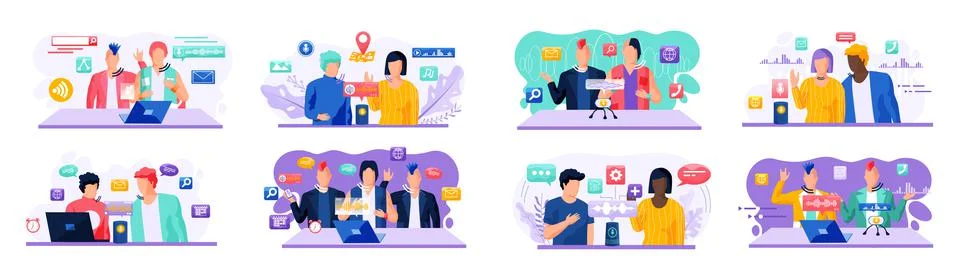 Voice assistant. Smart speaker virtual assistant, sound robot, people using 스톡 일러스트
