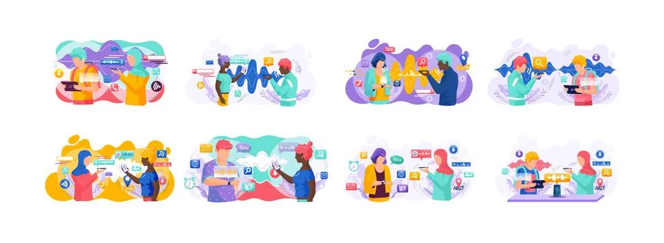 Voice assistant. Smart speaker virtual assistant, sound robot, people using Ilustración de archivo