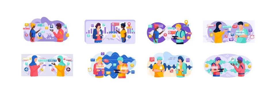 Voice assistant. Smart speaker virtual assistant, sound robot, people using Ilustración de archivo