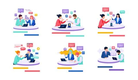 Voice assistant. Smart speaker virtual assistant, sound robot, people using Ilustração Stock