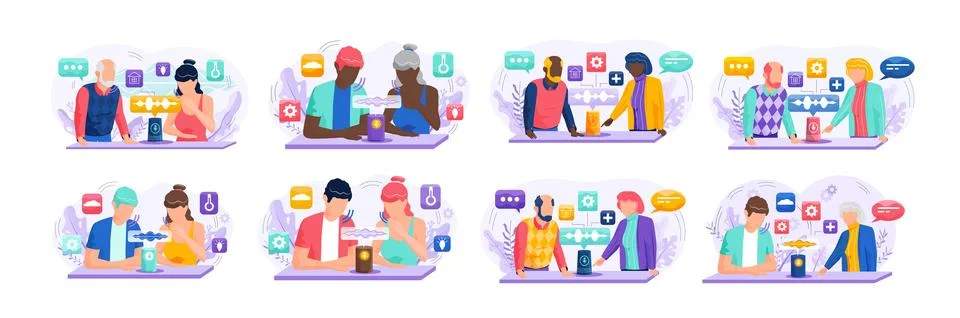 Voice assistant. Smart speaker virtual assistant, sound robot, people using Ilustração Stock