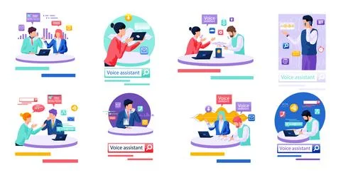 Voice assistant. Smart speaker virtual assistant, sound robot, people using Stock Illustration