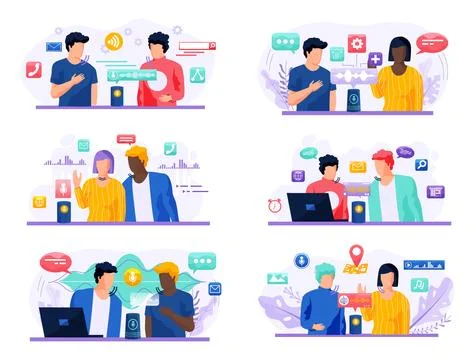 Voice assistant. Smart speaker virtual assistant, sound robot, people using Ilustração Stock