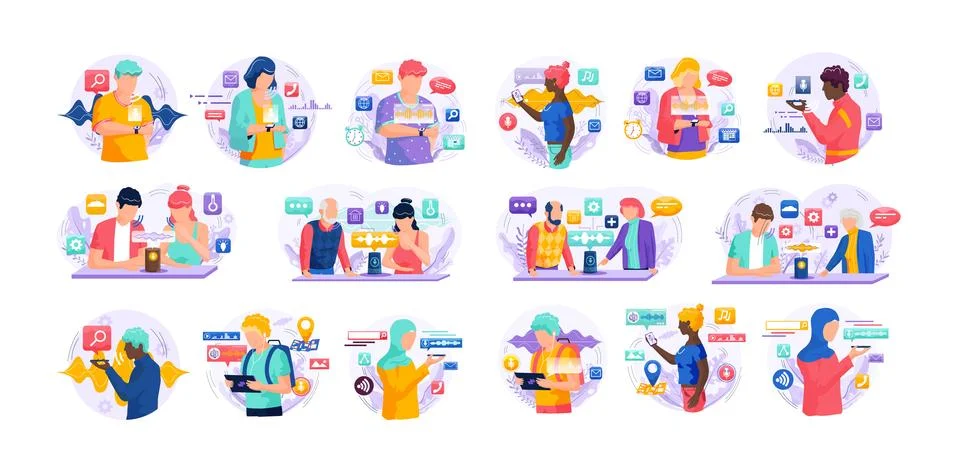 Voice assistant. Smart speaker virtual assistant, sound robot, people using Ilustración de archivo