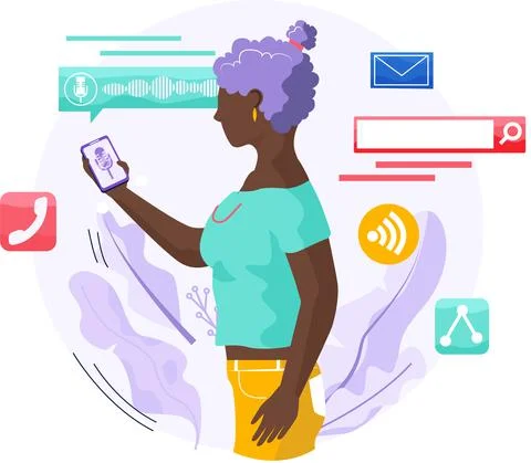 Voice assistant software agent perform tasks for user. Speaker recognition Stock Illustration