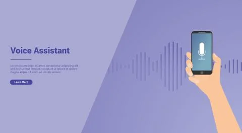 Voice assistant technology with hand and smartphone for website template or l Stock Illustration