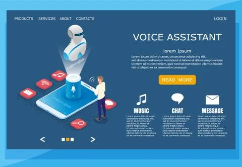 Voice assistant vector website landing page design template Stock Illustration