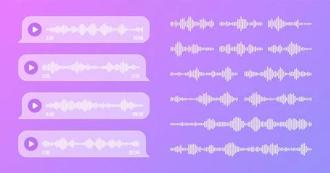 Voice, audio message, transparent speech bubbles. SMS text frame. Social media Illustrazione stock