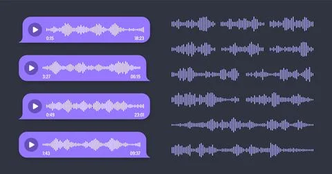 Voice, audio message, violet speech bubble. SMS text frame. Social media chat or Illustrazione stock