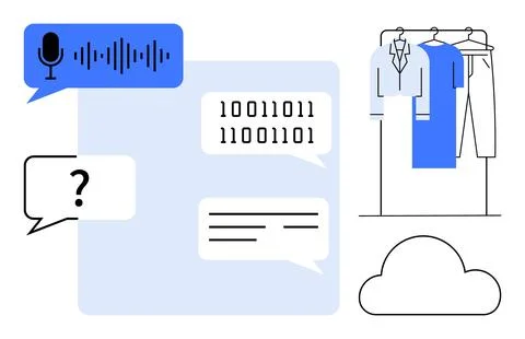 Voice command, binary code, text chat, clothing on hangars, and a cloud icon. Stock Illustration