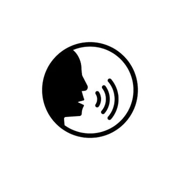 Voice command control with sound waves icon. Man head silhouette speaking log Stock Illustration