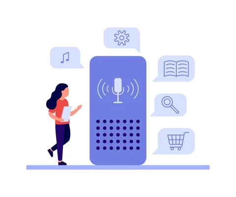 Voice command device, smart speaker and woman. Wireless assistant technology. Stock Illustration