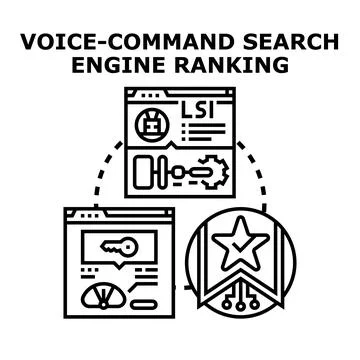 Voice command search engine ranking process optimizing online strategy Illustrazione stock