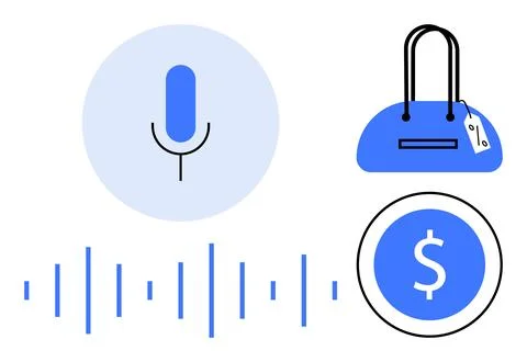Voice Command Shopping Concept with Microphone, Handbag, Dollar Sign, and S.. Stock Illustration
