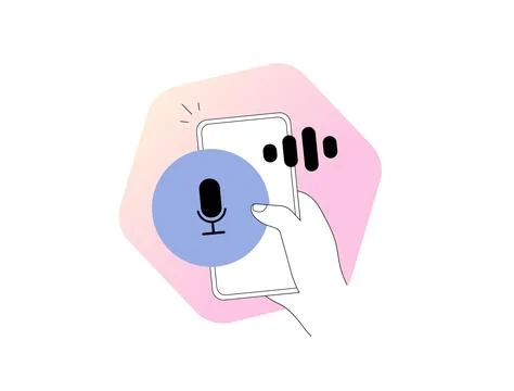 Voice message via mobile chat uses audio microphone on phone app to send and Stock Illustration