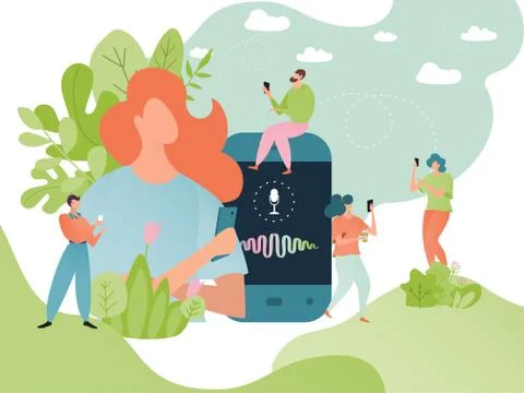 Voice message vector illustration, cartoon flat tiny people using smartphone Stock Illustration