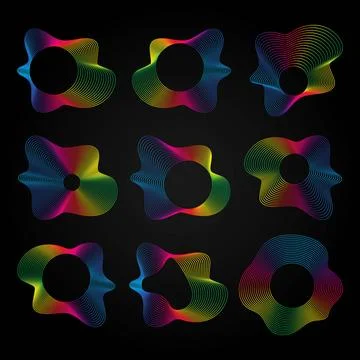Voice music waves equalizer set, Abstract wavy rainbow radio wave icons on dark Illustrazione stock