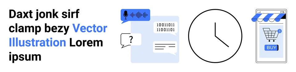 Voice recognition chat bubble, text message, analogue clock, online shopping  Stock Illustration