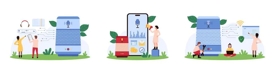 Voice recognition, conversation with chatbot set, tiny people work with smart Illustrazione stock