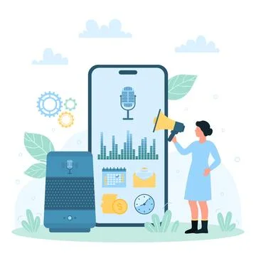Voice recognition for home smart system, IOT, tiny person using megaphone and イラスト素材
