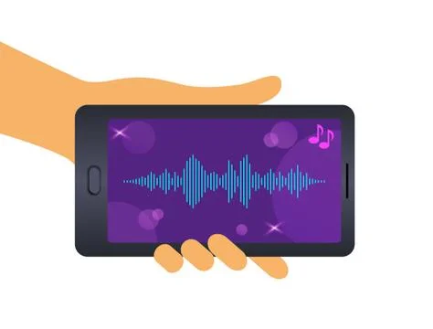 Voice recognition on mobile app. Personal assistant, human hand with smartphone Stock Illustration