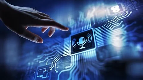 Voice recognition search and control microphone symbol on virtual screen. Stock Photos