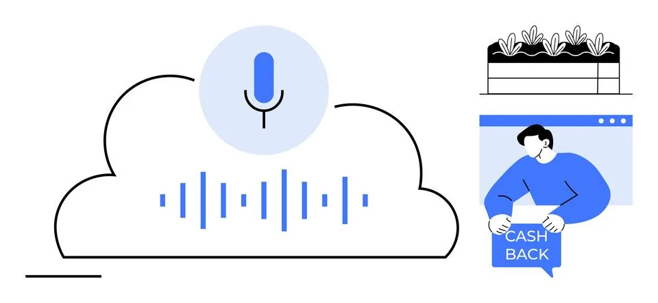 Voice Recognition Technology with Cloud Computing and Cashback Rewards Illustrazione stock