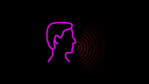 Voice recognition technology with human head profile pink neon line and red.. Stock Footage 336803713