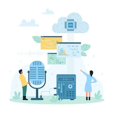 Voice recognition, tiny people control smart assistant to work with software and Stock Illustration