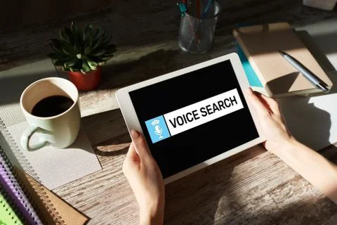 Voice search application on device screen. Internet and technology concept. 库存照片