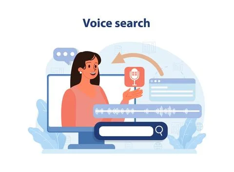 Voice search. Artificial intelligence virtual assistant. Character speaking Ilustração Stock