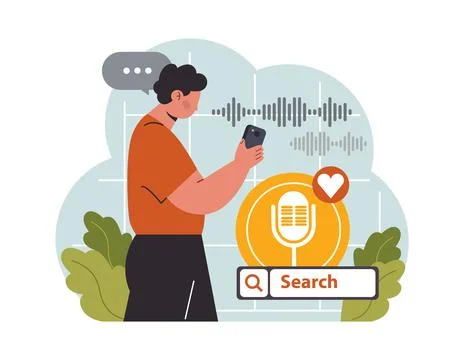 Voice search. Artificial intelligence virtual assistant. Man speaking on Stock-Illustration