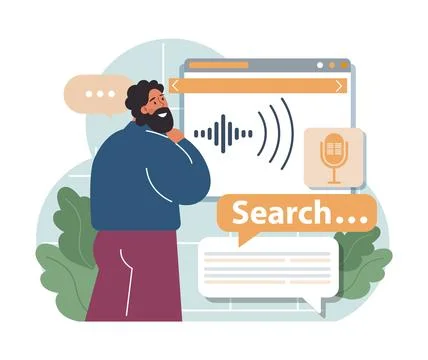 Voice search. Artificial intelligence virtual assistant. Man speaking Ilustração Stock