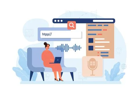 Voice search. Artificial intelligence virtual assistant. Character Stock Illustration