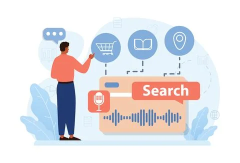 Voice search. Artificial intelligence virtual assistant. Man speaking Ilustração Stock