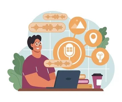 Voice search. Artificial intelligence virtual assistant. Man speaking Ilustração Stock