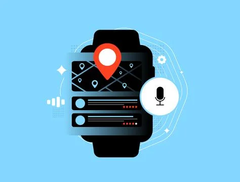 Voice search optimization on smartwatch with GPS map, user rating and assistant Illustrazione stock