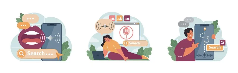 Voice search set. Artificial intelligence virtual assistant. Character Ilustración de archivo