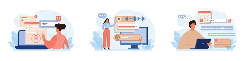 Voice search set. Artificial intelligence virtual assistant. Character Ilustración de archivo