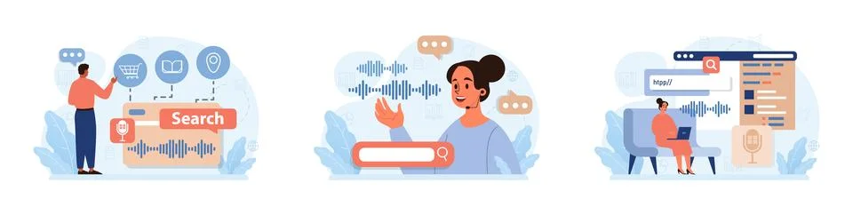 Voice search set. Artificial intelligence virtual assistant. Character Stock Illustration