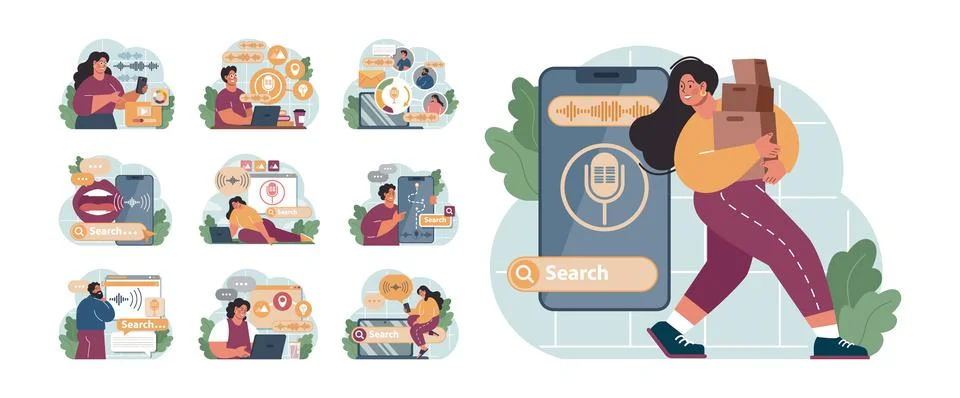 Voice search set. Artificial intelligence virtual assistant. Character Stock Illustration