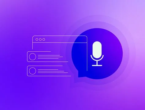Voice search technology concept with microphone icon, chat bubble and browser Stock Illustration